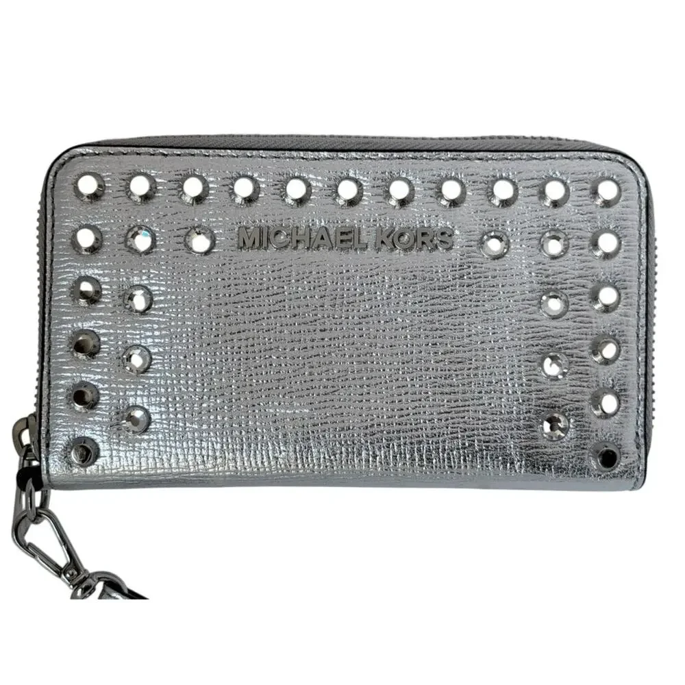 Michael Kors Jet Set Travel Silver Studded Jewel Leather Wristlet Wallet Clutch